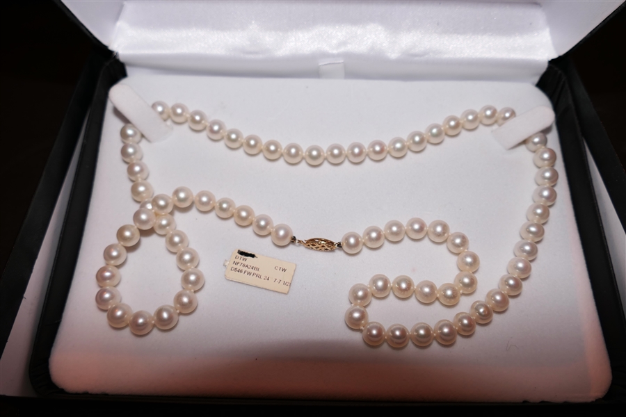 24" Strand of Hand Knotted Cultured Pearls with 14kt Yellow Gold Clasp - In Original Box with Tag - Belk & Co. Jewelers 