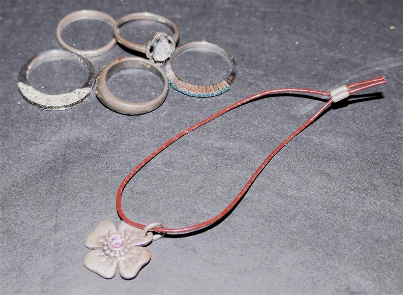 5 Sterling Silver Rings Sizes 7 - 9 and Pandora String Bracelet with Sterling Silver Flower Pendant 