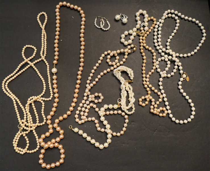 Collection of Pearl and Pearl Style Necklaces, Some Hand Knotted, Bracelets, and Earrings - Freshwater Pearl 3 Strand Bracelet, Earrings