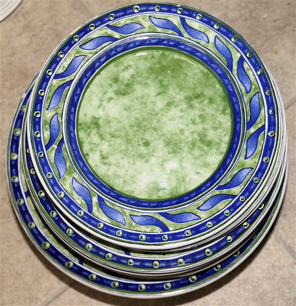 15 Pieces of Hand Painted Pier 1 China - White Background with Blue and Green Décor - Several Have Small Glaze Flakes around Edges 