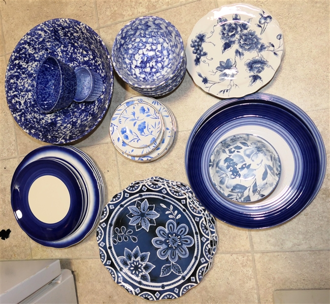 Various Patterns and Pieces of Blue and White China - Makers include "Blue Cream Floral" by Maxcera "Prima Design" "Roscher", Pier 1 "Indigo Floral" and Italian Blue Spongeware - Large Bowl is Chipped