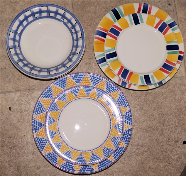 10 Pieces of Pier 1 Hand Painted Italian Dinnerware - Happy Fun Patterns - Dinner Plates, Salad Plates, and Soup Bowls