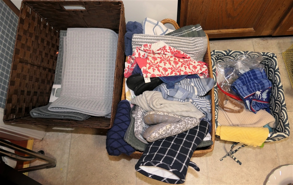 3 Baskets of Kitchen Towels, Hand Towels, Oven Mitts, and Pot Holders 