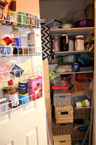 Storage Closet Contents including Frying Pans, Corning Ware French White and Blue Corn Flower, Amethyst Pyrex, Art Pottery Bowls, Cleaning Products, Tool Box, Etc. 