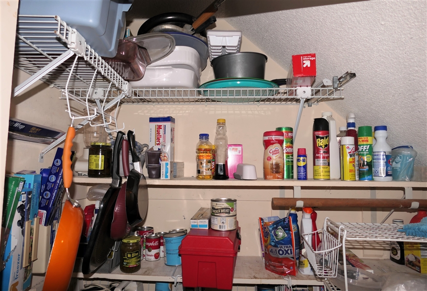 Contents of Pantry Closet including Pyrex, Casserole Dishes, George Foreman, Canisters, Containers, Kitchen Knives, Storage Boxes, Tupperware, Bundt Pans, Wolfgang Puck, Trash Bags, Etc.