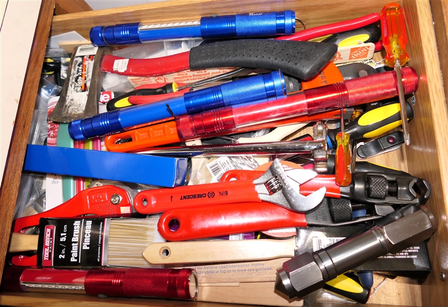 Tool Drawer Lot including New Paint Brushes, Hatchett, Flash Lights, Adjustable Wrenches, Craftsman Pipe Wrench, Stanley , Halo, 