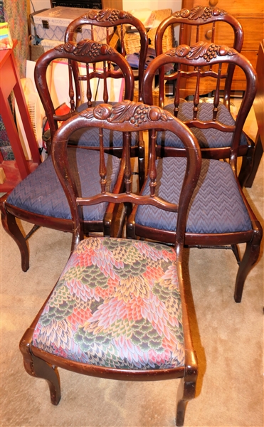 5 Matching Side Chairs with Carved Fruit Backs - Mahogany Finish - 4 With Navy Seats, 1 With Patterned Seat