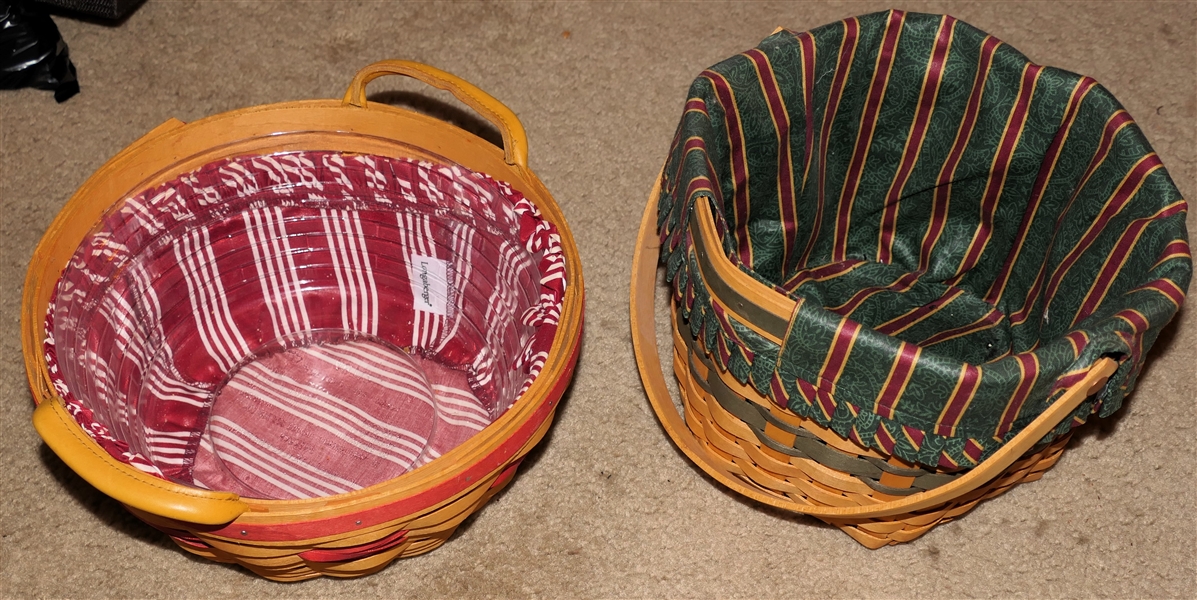 2 Longaberger Baskets with Liners and Inserts - Double Handled 11" Across and Green with Single Handle 10"