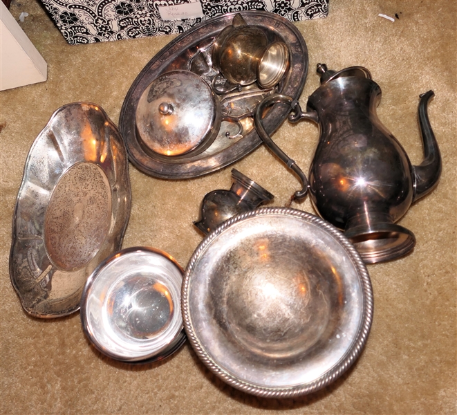 Mixed Lot of Silverplated Items including Oval Tray, Tea Pot, Compote, Cream Sugar, and Revere Bowls 