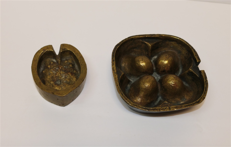 2 Antique Brass Molds - Leaf Mold Signed NY and Other Unusually Shaped Mold - Also Signed NY - Leaf Measures 3" by 2 1/2"