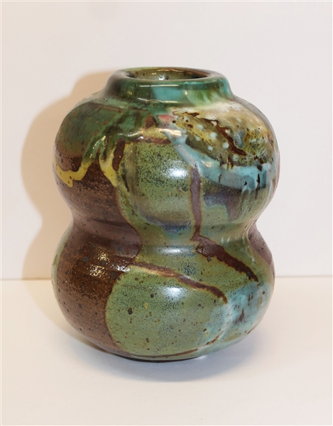 Nancy Warwick Bulbous Art Pottery Vase - Beautiful Blue and Green Glaze Decoration - Chapel Hill, NC Artist - Vase Measures 6" Tall 4" Across