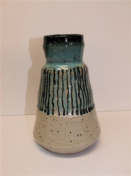 Nancy Warwick Art Pottery Vase - Green and Taupe Glaze with Stripes - Chapel Hill, NC Artist - Vase Measures 7" tall 