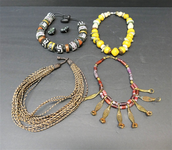 4 Tribal / Artesian Made Necklaces - Hand Made Beaded, Leather Braided, Beaded Necklace with Brass Beads, and Handmade Clay Earring