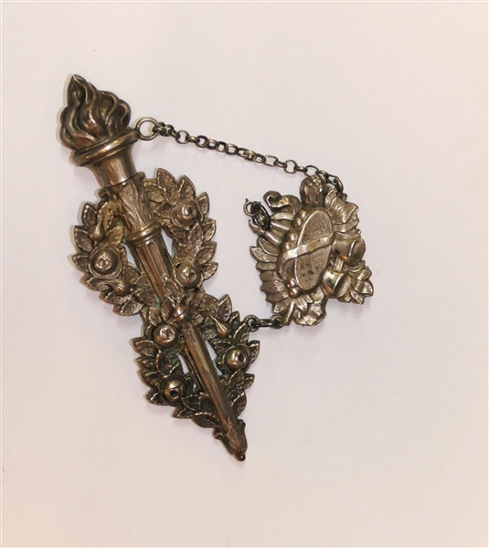 Chatelaine Perfume Bottle or Smelling Salts - Torchière Design with Laurel Leaves and Flowers - Attached Brooch - Torch Measures 3 3/4" Long 