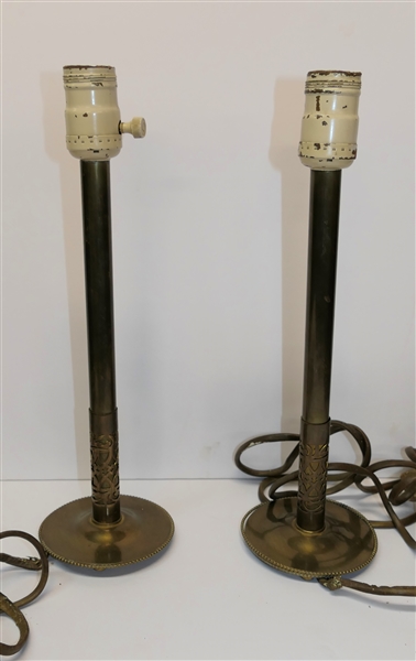 Pair of Brass Candlestick Lamps - Fancy Geometric Designs at Bases - Each Marked CREST 1248 - Each Lamp Measures 13" Tall - Some Damage to Cords