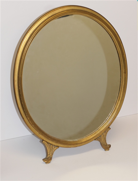 Antique Oval Gold Gilt Dresser Mirror - Dolphin Feet - Easel Back  - Mirror Frame Measures 20 1/2" by 13 1/2" 