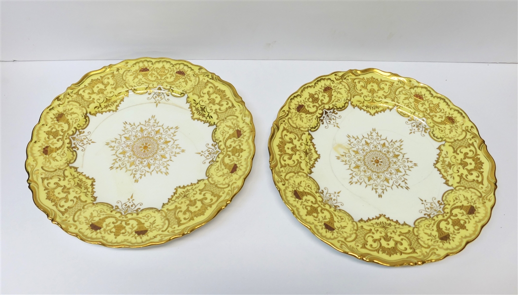 2 Coalport England Gold Decorated Dinner Plates - Heavily Gold Decorated Over Yellow Rim - Each Plate Measures 10 1/4" - Both Plates Have Age Hairlines - See Photos