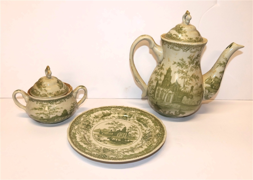 3 Pieces of Green Transferware - Teapot, Sugar Dish with Lid, and Plate - Teapot Measures 9" Tall 9" Spout to Handle