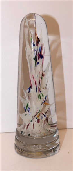 Hand Blown Art Glass Obelisk Paperweight White and Multi Colored interior - Paperweight Measures 6 1/4" Tall 