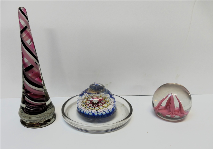 3 Art Glass Paperweights - Cone Shaped with Pink, Black, and White Swirl, Millefiori Trinket Dish, and Paperweight with Pink Interior - Trinket Dish Top and Top of Cone Have Both Been Damaged -...