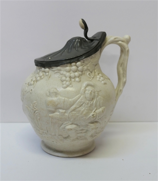 Antique Copeland Jug with Embossed Pub Scenes, Grapes, and Leaves - Pewter Collar and Lid - Vine Handle - Jug Measures 7" Tall 7" Spout to Handle - Age Line Near Spout