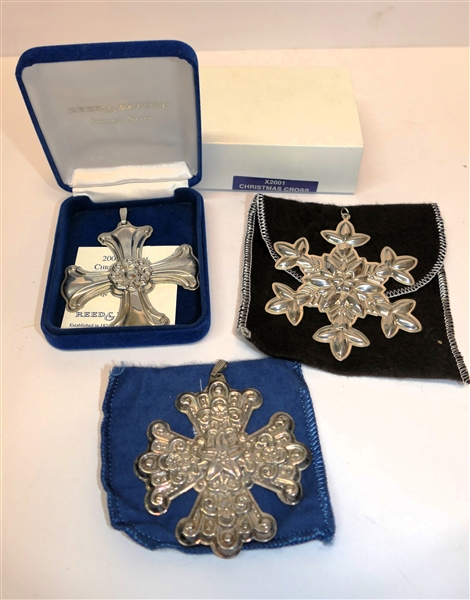 3 Sterling Silver Christmas Ornaments - Reed & Barton Christmas Cross 1974, Reed & Barton Christmas Cross 2001, and Gorham Snowflake Christmas 2003