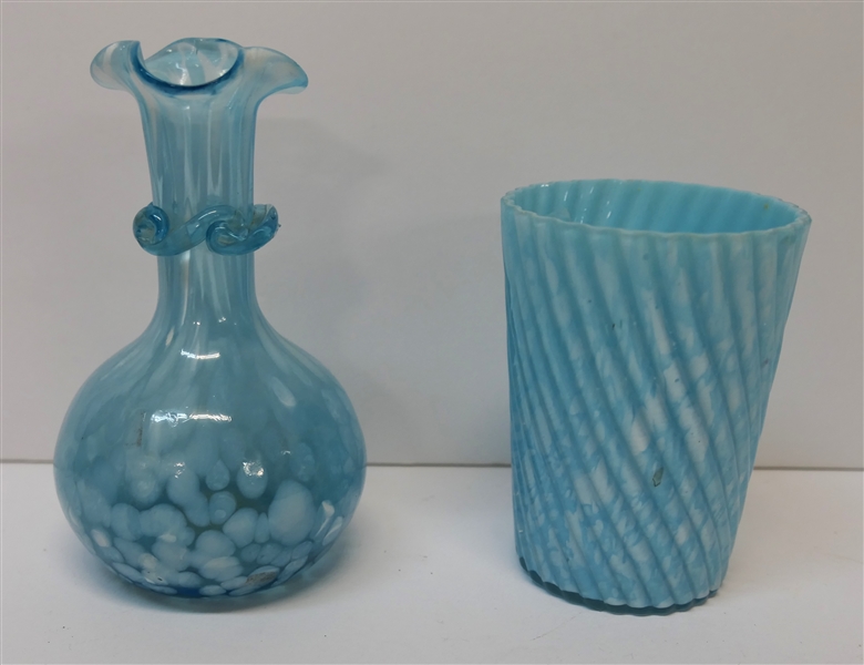 Victorian Blue Cased Class Swirl Tumbler and Blue Venetian Glass Vase - Tumbler Measures 3 1/2" Tall 