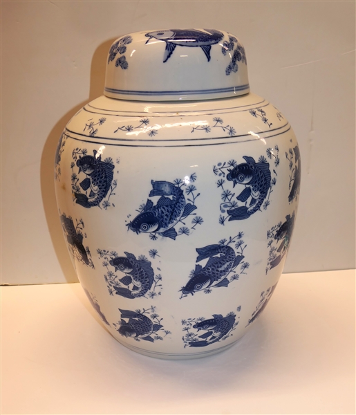 Large Chinese Blue and White Ginger Jar with Koi Fish Motif - Measures 15" Tall 