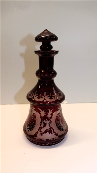 Outstanding Ruby Red Bohemian Glass Decanter - Crane Bird, Running Deer, and Castles - Measures 8 1/4" Tall 