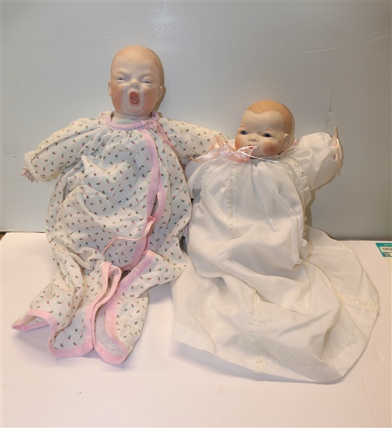 2 Baby Dolls with Porcelain Heads and Hands - Grace S. Putnam Made in Germany Doll with Blue Glass Eyes Wearing  White Dress and Crying Doll with Floral Dress - Putnam Doll Measures 12"