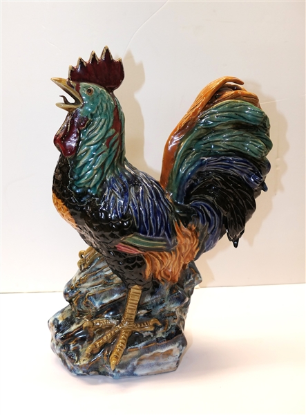 Outstanding Heavy Art Crowing Rooster - Beautiful Multicolored Glaze - Beak with Tongue Sticking Out - Measures 16" Tall 10" Beak to Tail 