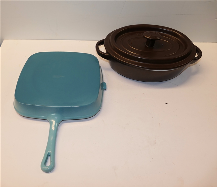 Tiffany Blue Cast Iron Enamel Grill Pan and Brown "Life Style" Cast Iron Enamel Oval Pan with Lid - Blue Pan Measures 9 1/4" Across