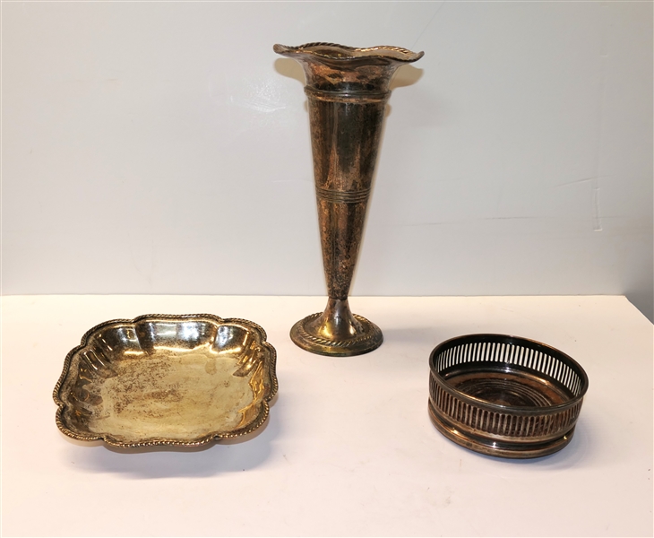 Beautiful Silverplate Trumpet Vase, Silver Plate Wine Coaster, and Unusual Slanted Silverplate Dish with Ball and Claw Feet - Vase Measures 11 1/2" Tall 