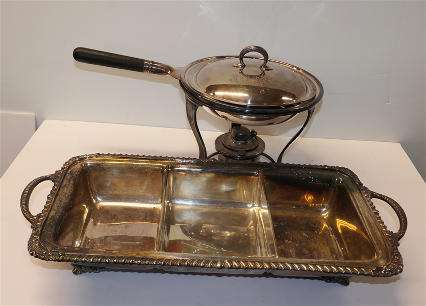 Reed & Barton "Sulgrave Manor" Rectangular Divided Dish and Monogrammed Silverplate Chafing Dish with Stand - Rectangular Silverplate Dish Measures 3 1/2" Tall 18" by 9" 