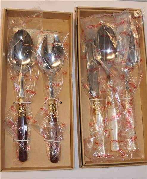 5 Pieces of Vietri Flatware by Bugatti - Gold Tortoise Shell Handled Salad Set and Mother of Pearl Handled Pastry Server, Cake Knife, and Serving Spoon 