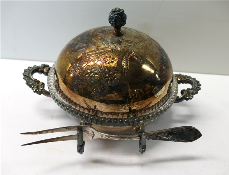 Very Nice Victorian Silverplate Domed Butter Dish with Embossed Cow Glass Insert - with Silverplate Pickle Fork - Butter Dish Measures 5" Tall 7" Handle to Handle Glass Insert Measures 6" Across