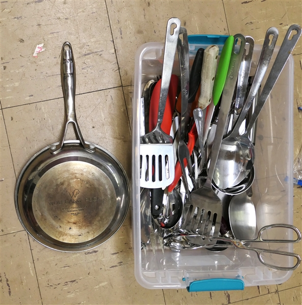 Lot of Kitchen Items - Wolfgang Puck 8" Omelet Pan, Wolfgang Puck Stainless Serving Utensils, Ladles, Spatulas, Kitchen Knives, Tongs, Etc. 