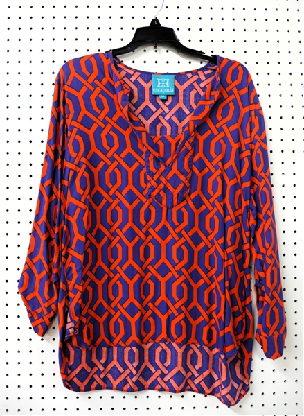 Escapada Blue and Red Geometric Design Tunic - Size Medium 