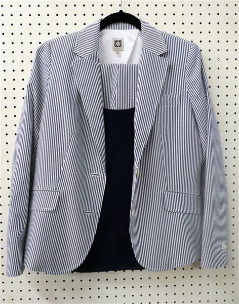 Anne Klein Seersucker Suit with Navy Shell  -Jacket Size 10, Pants Size 12, Shell Size Medium 