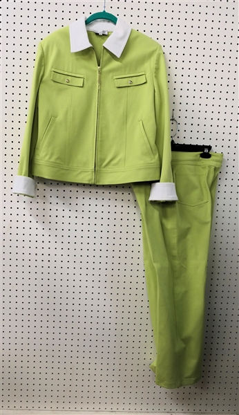 St. John Sport by Marie Gray - Lime Green Suit with White Collar and Cuffs - Size Medium 