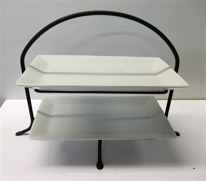 Pottery Barn "Great White" Platters in Rectangular Iron Stand - Platters Measure 12 1/8" By 7 1/8" - Stand Measures 12" Tall 