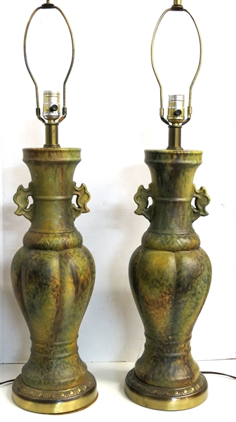 Pair of Mid Century Urn Style Lamp with Brass Bases - Each Lamp Measures 25" to Bulb