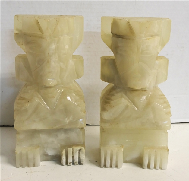 Pair of Heavy Carved Stone Myan Figural Bookends - Each Measures 8" Tall 