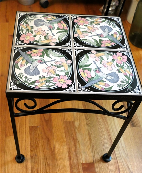 Iron Tile Top Table with Pretty Hummingbird and Flower Tiles - Table Measures 18" Tall 16 1/2" by 16 1/2" 