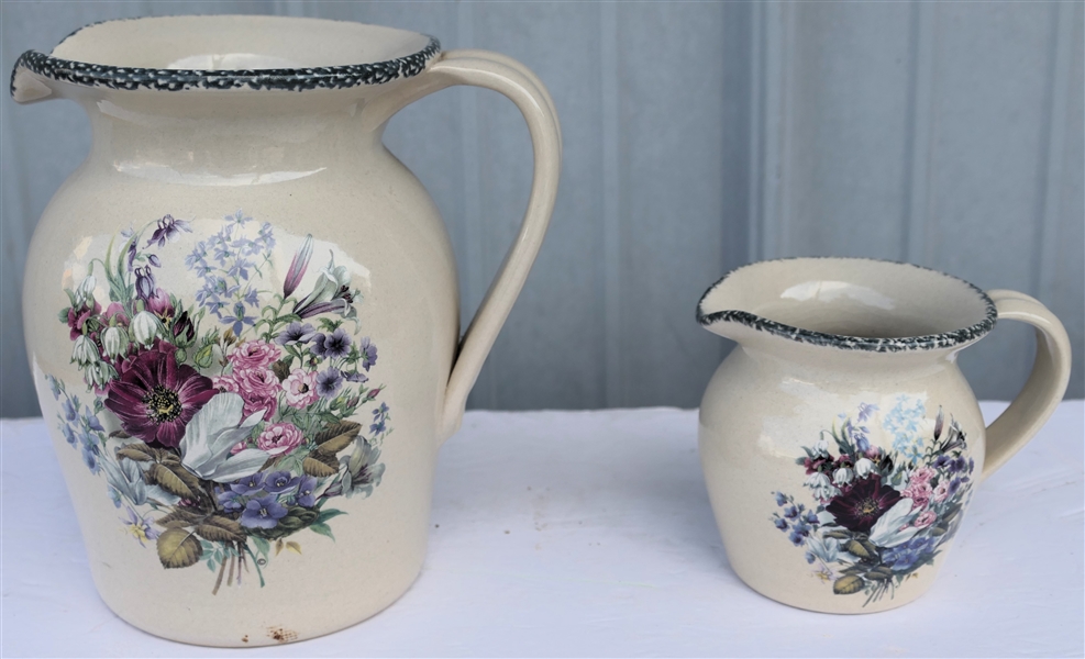 2 Matching Handmade Casey Pottery Marshall Texas Pitchers - Largest Measures 7 3/4" Smaller Measures 4 1/4" 