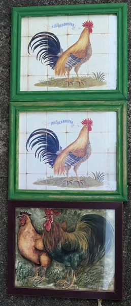 3 Rooster Prints "The Gold Rooster" And Hen and Rooster - All 3 Framed - Frames Measure 8" by 10" 