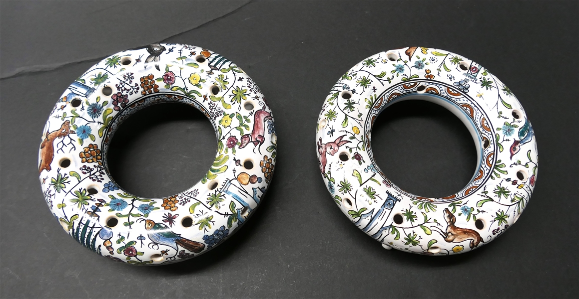 2 Beautiful Hand Painted Portugal Flower Rings - Hand Painted Animals, Flowers, and Towers - Dolphin Feet - Signed on Bottoms - Each Measures 2" Tall 6 1/2" Across