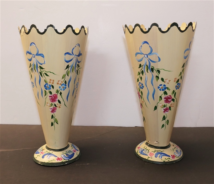 Pair of Hand Painted Twos Company Towle Ware Metal Vases - Hand Pained - Signed Jane Keltner Design -Each Measures 9 1/2" Tall 