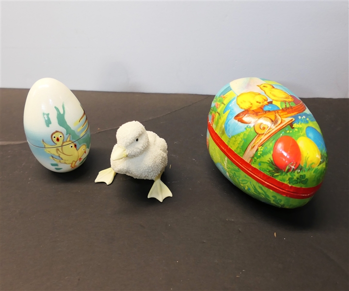 Department 56 Duck Figure, Made in Poland Wooden Egg Full of Wooden Chicks, and Paper Mache Easter Egg - Duck Figure Measures 3" Tall - Paper Mache Egg is Dented