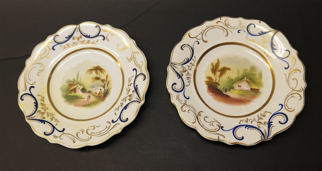 Pair of Old Paris Plates with Hand Painted Home Scenes - Each Plate Measures 9" Across